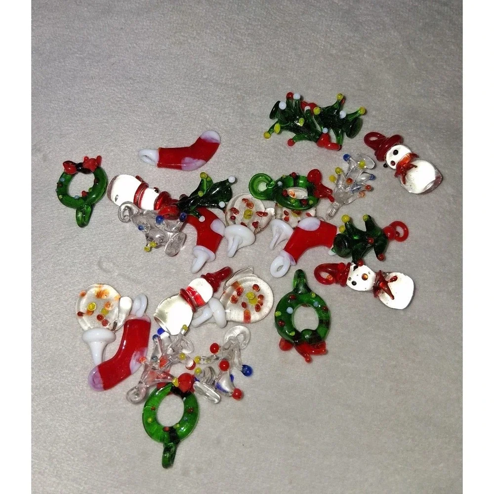 Lot of 24 Handmade Lampwork Glass Christmas Charms Tree Snowman Wreath Stocking